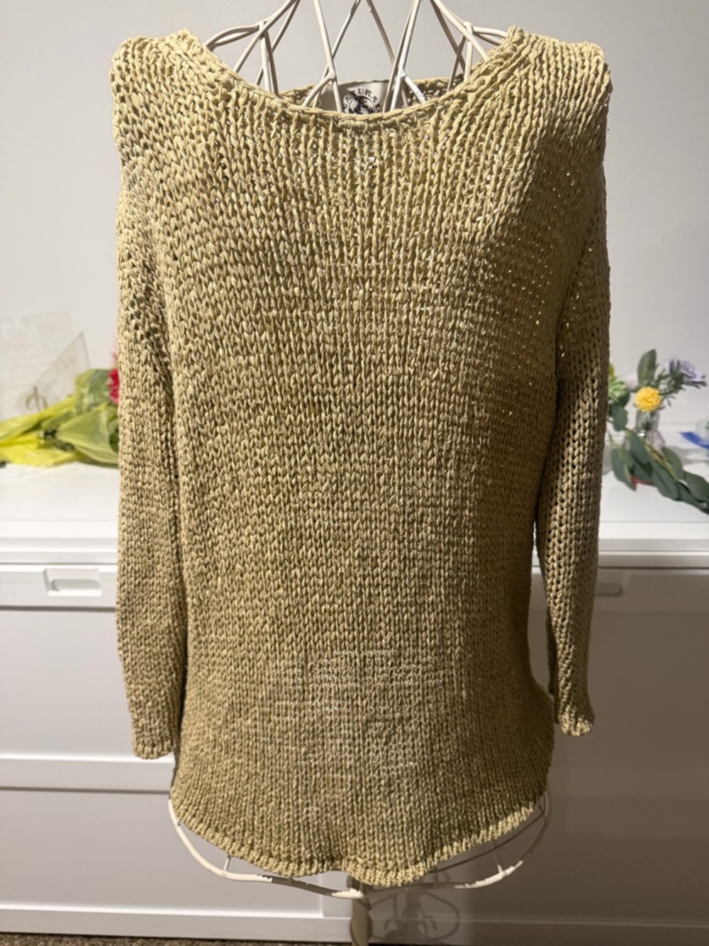 Relaxed Crewneck Open-Knit Sweater in khaki for Women